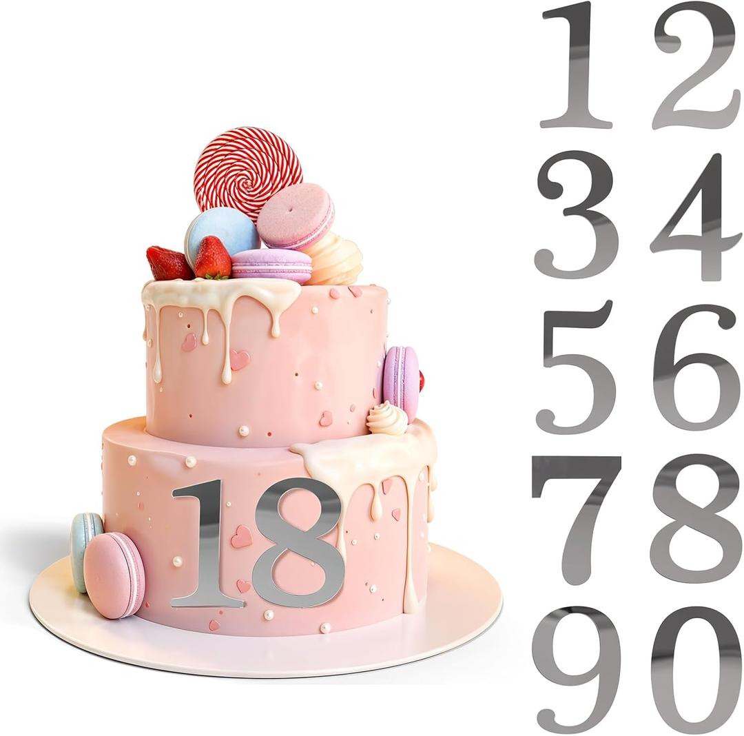 3.7 IN 0-9 Silver Birthday Number Cake Toppers Large Silver Acrylic Cake Numbers Topper Acrylic Wedding Party Cupcake Toppers Cake Decorating Supplies for Birthday Wedding Anniversary Party