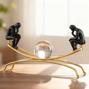 Thinker Statue with Crystal Ball, Modern Home Sculptures Black and Gold Living Room Decor Home Office Bookshelf Desktop Display Decoration