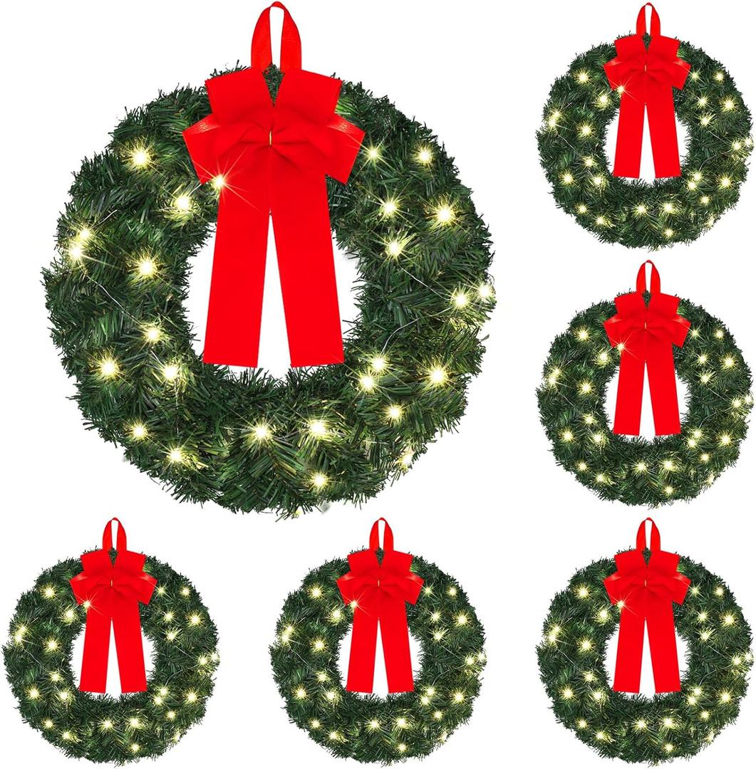 6 Pcs 14 Inch Mini Christmas Wreath with Lights Small LED Artificial Christmas Wreath Bulk with Red Bow for Xmas Holiday Front Door Windows Table Fireplaces Porch Wall Party Decor
