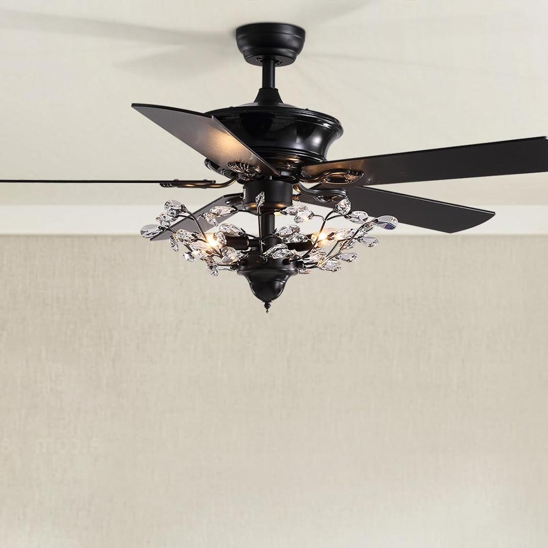 50" Crystal Ceiling Fan with Lights and Remote, Black Vintage Chandelier Fan Light with Wood Blades, Reversible Motor, 6-Speed, Timer, Retro Gothic Fandelier for Bedroom Living Room, 50in