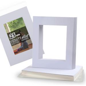 Acid Free 25 Pack 11x14 Pre-Cut Mat Board Show Kit for 8x10 Photos, Prints or Artworks, 25 Core Bevel Cut Matts and 25 Backing Boards and 25 Crystal Plastic Bags, White