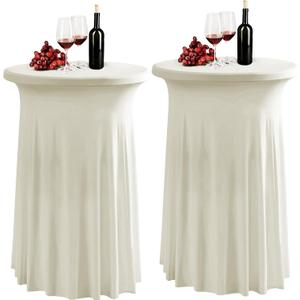 2 Pack Ivory Spandex Stretch Round Table Covers with Skirt - 24x43 Inch Fitted Elastic Cocktail Tablecloth for High Top Bar, Party & Wedding Decor, Ivory