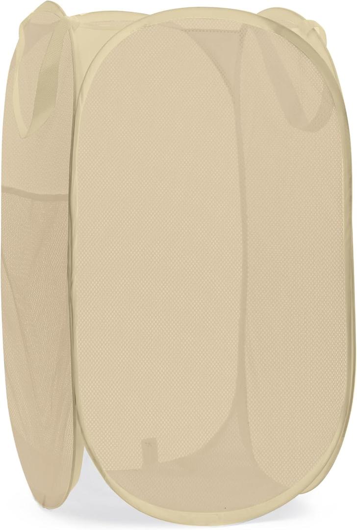 Handy Laundry Collapsible Mesh Pop Up Hamper with Wide Opening and Side Pocket - Breathable, Sturdy, Foldable, and Space-Saving Design for Clothes and Storage (Beige)
