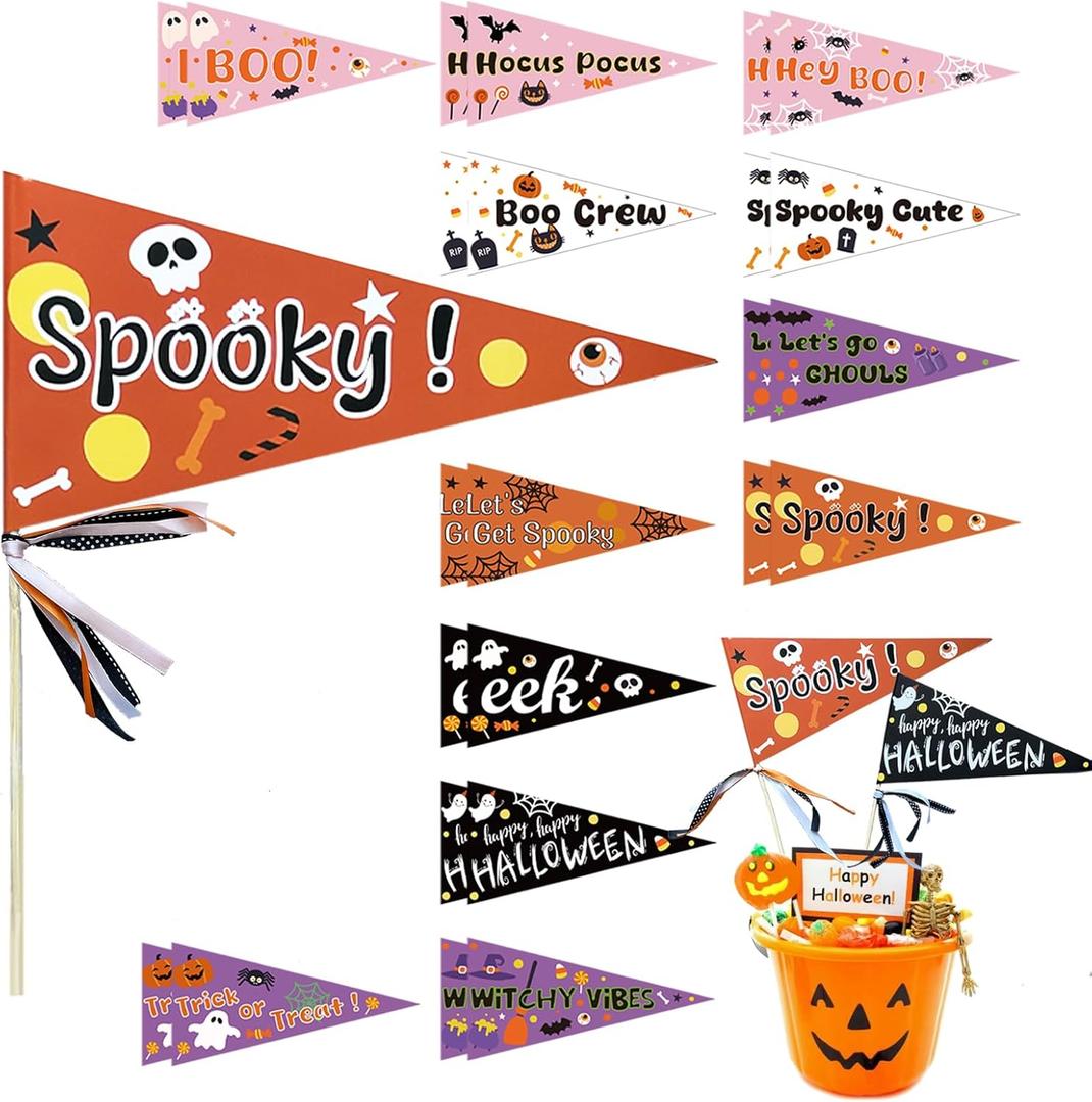 24 Set DIY Halloween Stick Flags 6.2" x 12.4" Paper Pennant Flags with Ribbons Include 24 Ghost Boo Pennant Flags 24 Flat Bamboo Stick 120 Ribbons for Halloween Boo Basket Decoration