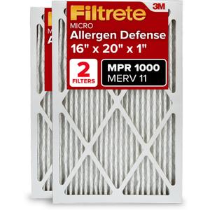 Filtrete 16x20x1 AC Furnace Air Filter, MERV 11, MPR 1000, Micro Allergen Defense, 3-Month Pleated 1-Inch Electrostatic Air Cleaning Filter, 2 Pack (Actual Size 15.719 x19.719x0.84 in)