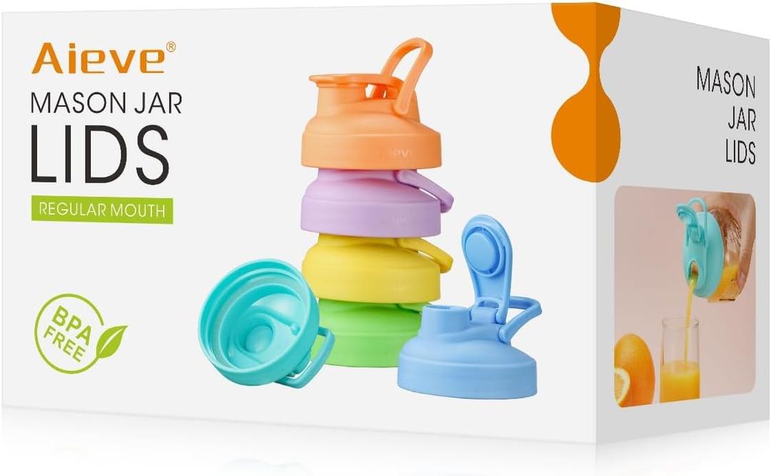 Aieve 6 Pack Mason Jar Lids, Regular Mouth Pour Spout Lid with Flip Top, Canning Lids for Ball Mason Jars to Drinking & Storing Milk Coffee Lemonade Salad Dressing, Reusable, Leak-Proof