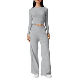 QINSEN Womens 2 Piece Sets Long Sleeve Slim Fit Crop Tops Wide Leg Pants Matching Lounge Set (Medium, Grey)