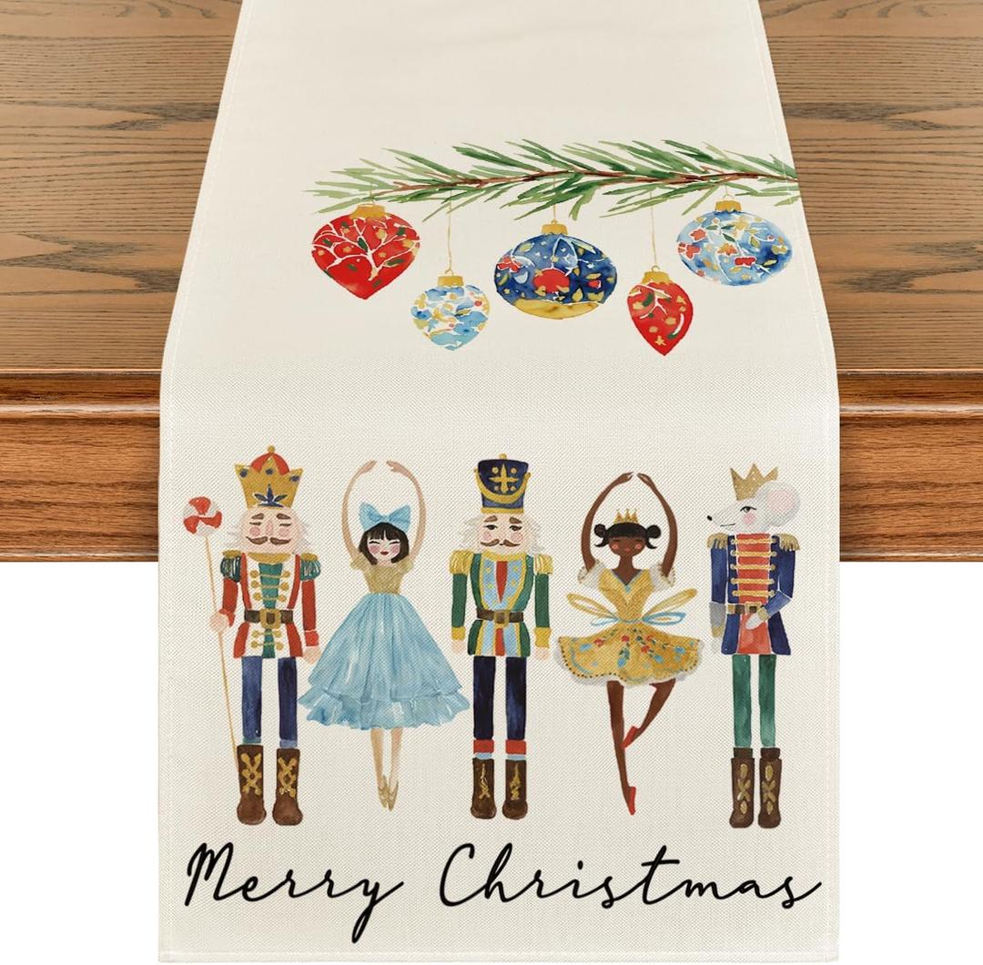 Artoid Mode Watercolor Nutcrackers Xmas Balls Merry Christmas Table Runner, Seasonal Winter Holiday Kitchen Dining Table Decoration for Indoor Outdoor Home Party Decor 13 x 72 Inch (Beige)