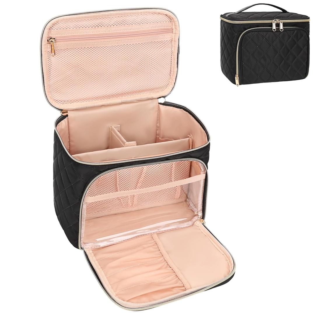 Relavel Makeup Bag, Large Capacity Travel Makeup Bag Organizer, Waterproof Cosmetic Bag with Adjustable Dividers for Women, Make Up Brush Holder Makeup Case with Compartments (Black) (02-Black)