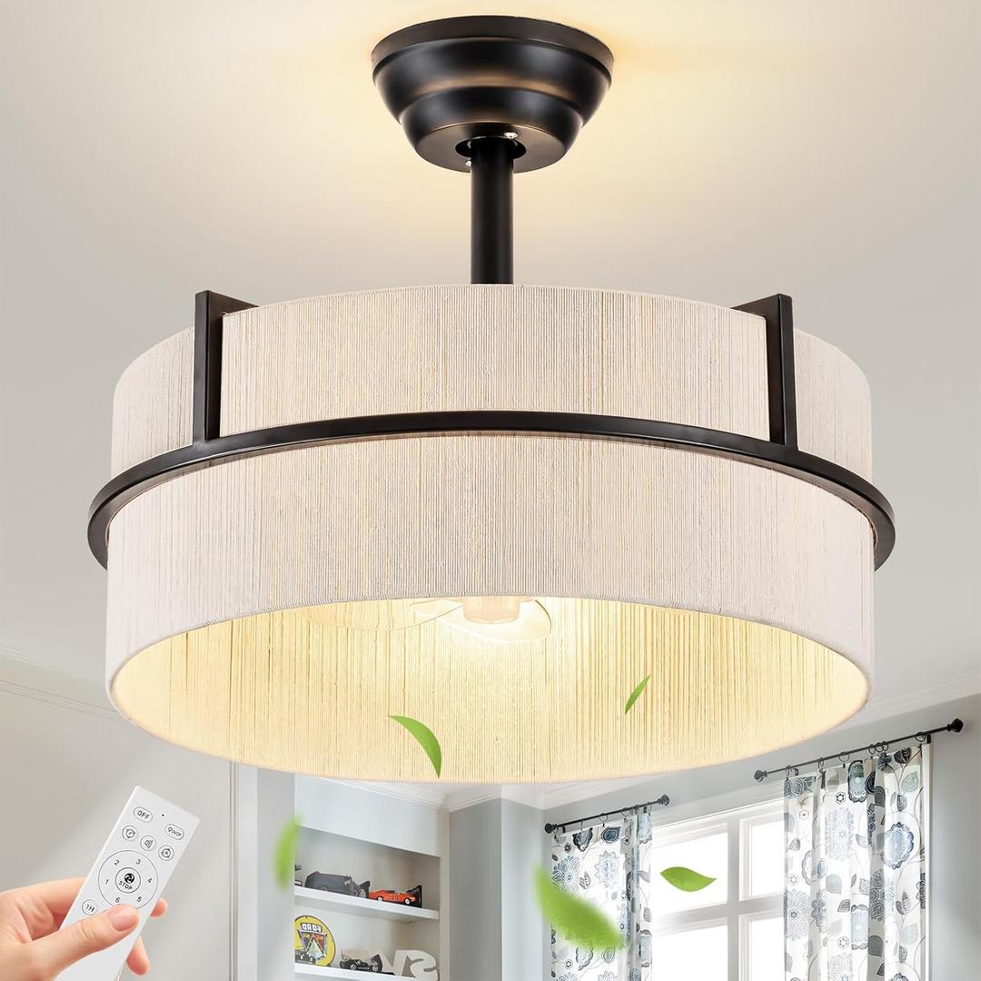 Boho Fandelier Ceiling Fan with Light and Remote, Black Finish & White Handwoven Rattan, LBlack Finish White Handwoven Rattan,and 1/2/4h Timer Chandelier 6 Speeds Reversible Quiet Fan for Bedroom Living Room, Medium