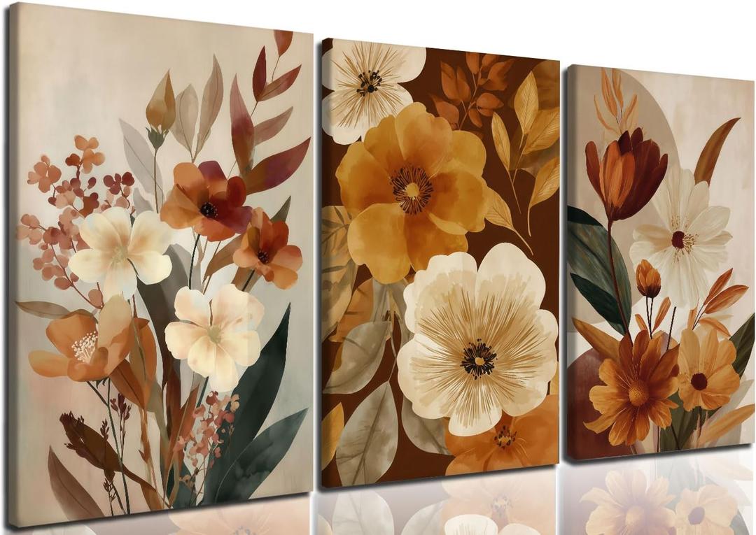 CHTEXA Neutral Floral Canvas Wall Art Set Of 3 Beige Brown Botanical Prints Modern Flower Wall Decor For Living Room Bedroom Bathroom Office 12x16 Inch Ready To Hang