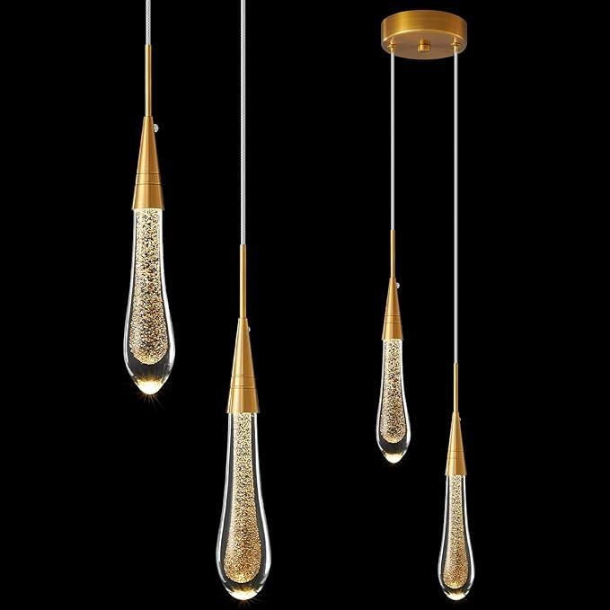 LMQNINE Kitchen Light Fixtures Ceiling Dimmable LED Modern Gold Pendant Light Mini Teardrop Crystal Pendant Light for Kitchen Island Bedroom Hallway Entryway (5Light)