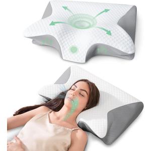 Memory Foam Cervical Pillow, 2-in-1 Ergonomic Neck Support Pillow with Armrest & Ear Hole, Contour Orthopedic Bed Pillow for Pain Relief, Adjustable Height for Side, Back & Stomach Sleepers (Grey)