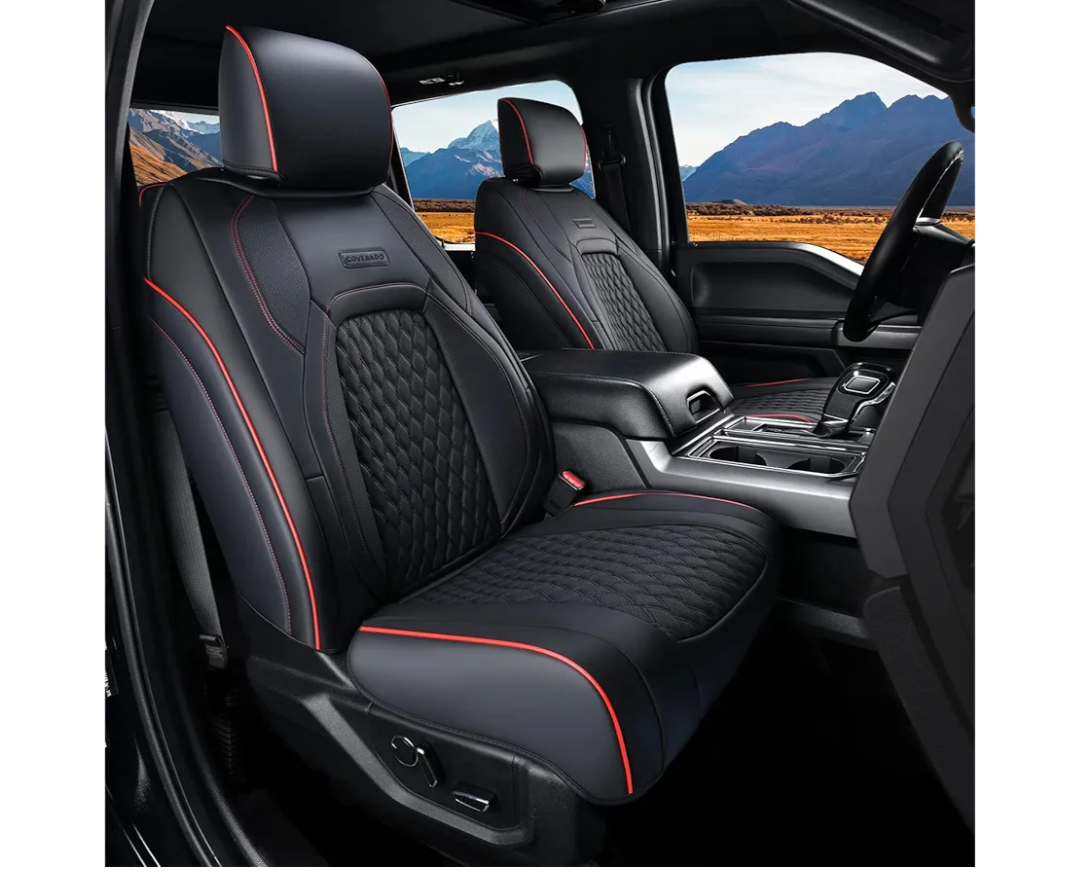 Coverado JK Seat Covers for Jeep Wrangler, Custom Fit for Pickup Truck Jeep Wrangler Seat Covers 2/4 Door, Waterproof Leather Car Seat Covers Cushions for Jeep Wrangler Accessories 2013-2017  (Red Line)