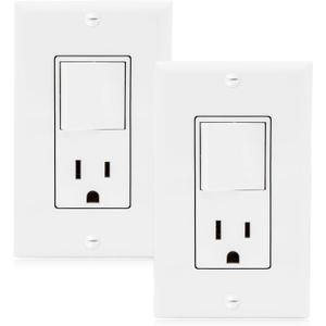 Maxxima Combination Rocker Light Switch and Outlet - Single Pole White Decor Combo Style Receptacle, Wall Plates Included, UL Listed, 15A / 120V AC - 2 Pack