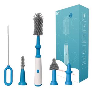 Electric Bottle Brush Cleaner Set, Electric Baby Bottle Brush Cleaner with Rechargeable Electric Bottle Cleaner and Silicone Bottle Brushes and Straw Brush, Automatic Bottle Cleaner Brush (Blue)