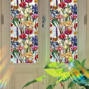 Window Privacy Film, 3D Tulip Stained Glass Window Film, No Glue Removable Privacy Film, UV & Heat Blocking Decorative Window Film for Bedroom Living Room Kitchen, 16.9 x 78.7 inches