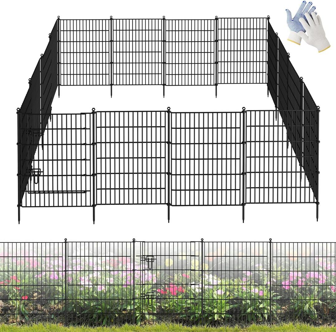 16 Panels Garden Fence,Rustproof Metal Fence Panels - 32in (H)37.8ft (L) Garden Fencing Animal Barrier with Gate,Dog Fence Outdoor for Yard