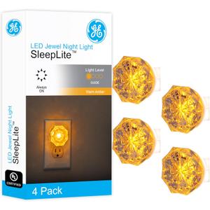 GE SleepLite Jewel LED Night Light, Plug-in, Always On, Amber, UL-Certified, Energy Efficient, Ideal Nightlight for Bedroom, Bathroom, Nursery, Hallway, Kitchen, 85881, 4 Pack