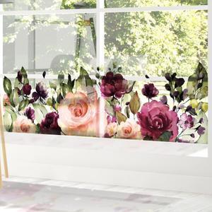 Transparent Floral Window Sticker, Removable Static Cling Double-Sided Decal Clings for Glass Windows Door Decor, Burgendy Pink Rose Garden
