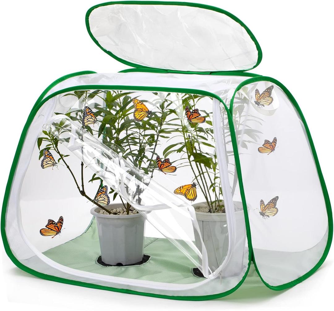 Outdoor Pop-up Large Insect and Butterfly Net Habitatwith Rainproof top Cover Increase Survival Rate, Windproof Trapezoidal DesignCollapsible Caterpillar Growing Mesh Cage Terrarium