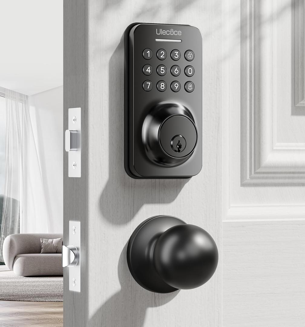 Ulecoce Keyless Entry Door Lock with Knob Set, Door Locks for Front Door with Handle Set, Auto Lock, One-Touch Lock, 100 Codes  3 Keys, Anti-Peeping Password, Easy Installation, Black