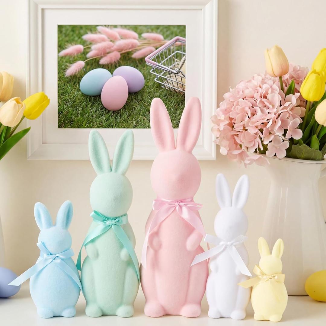 Youyole 5 Pcs Easter Decorations Pastel Flocked Bunny Figurines with Bow Tie (15.5", 13", 10", 7.9", 5.9") Flocking Rabbit Tabletop Mantel Decoration for Easter Centerpieces for Spring Decor Supplies