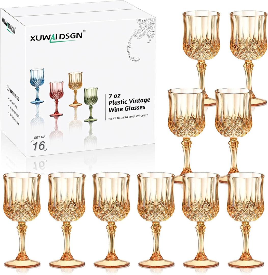 XUWAIDSGN 16 Pcs 7oz Plastic Vintage Wine Glasses Drinking Glasses Unbreakable Wedding Glassware Crystal Water Goblets Reusable Drinkware Vintage Champagne Flutes (16, Amber)