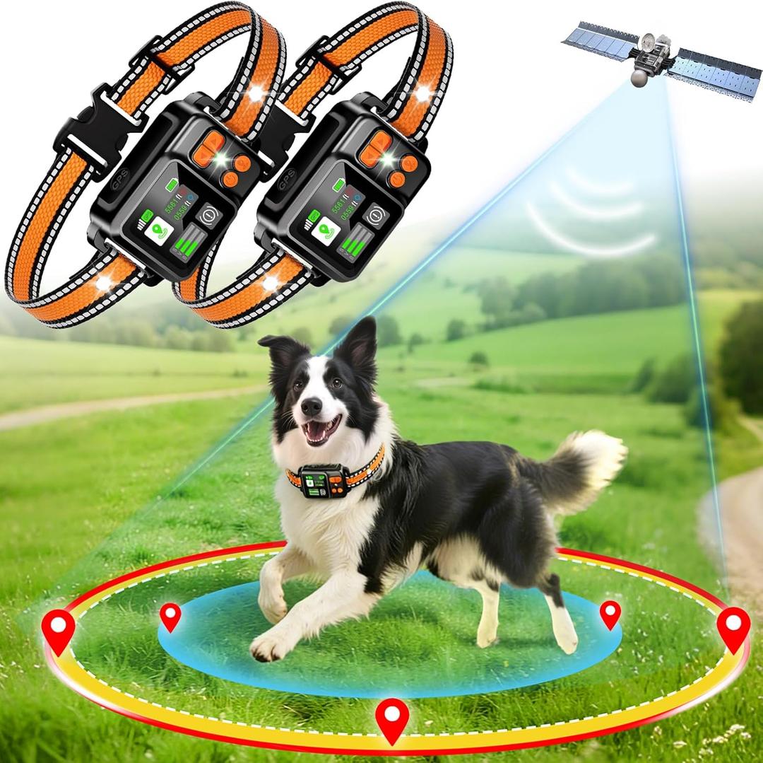GPS Wireless Dog Fence System, Electric Dog Fence Using GPS Electric Satellite Technology, IPX7 Waterproof Rechargeable Design, GPS Dog Collar Has 2 Modes Circular and Free-Form Fence(2pcs)