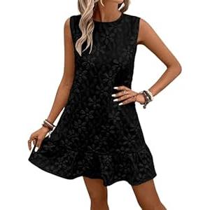 Women's Ruffle Hem Jacquard Dress Casual Sleeveless Tank Floral Mini Dress Smock Wedding Guest Dresses (Black, XX-Large)