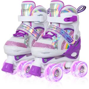 Nattork Girls Roller Skates for Kids,Rainbow Quad Skates with All Light Up Wheels - Best Birthday Gift for Outdoor Sports, Small(10C-13C), Sparkling Purple