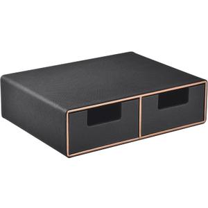 Linen Leather Desk Organizer and monitor stand with DrawersMini Desktop Drawer Organizer StackableTabletop Organization Storage Box for Office Supplies Home Vanity Toiletries (Black, 2-drawers)