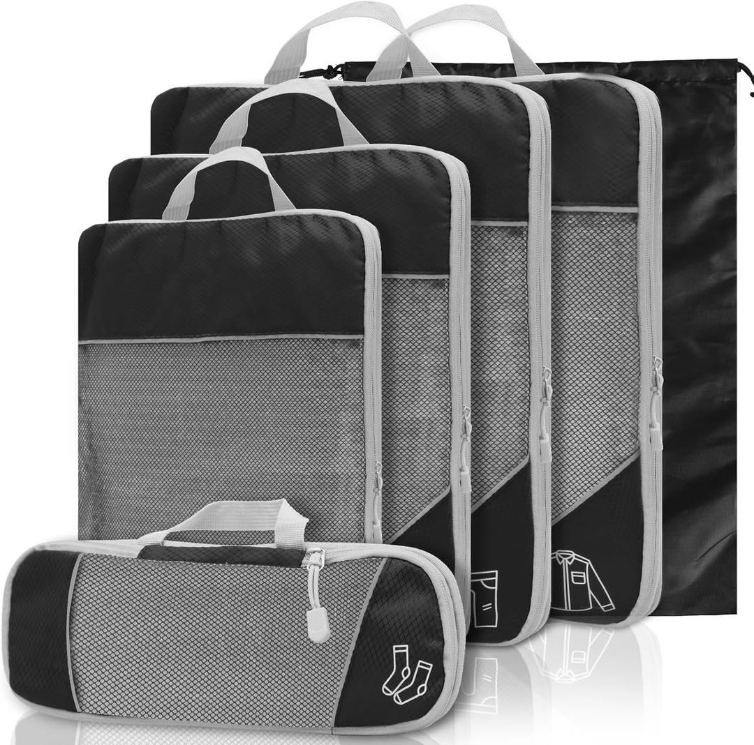 6Pcs Nylon Compression Packing Cubes with Storage Bag, Lightweight Travel Packing Cubes, Space Saving Luggage Organizer Bags for Clothes, Shoes, Toiletries (Black Six Sets)