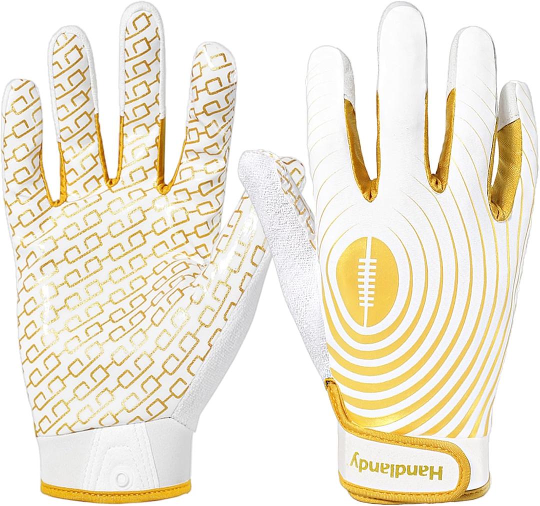 Mens Football Gloves Wide Receiver Gloves Youth Sticky Receiver Gloves Mens Receiving Gloves Best Gifts (Adult L, White and Gold)