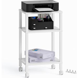 3-Tier Printer Stand with Storage, Mobile Printer Cart with Rolling Casters and Adjustable Feet, Under Desk Storage Shelf for Home Office, White, 15.7" x 11.8" x 25.9"