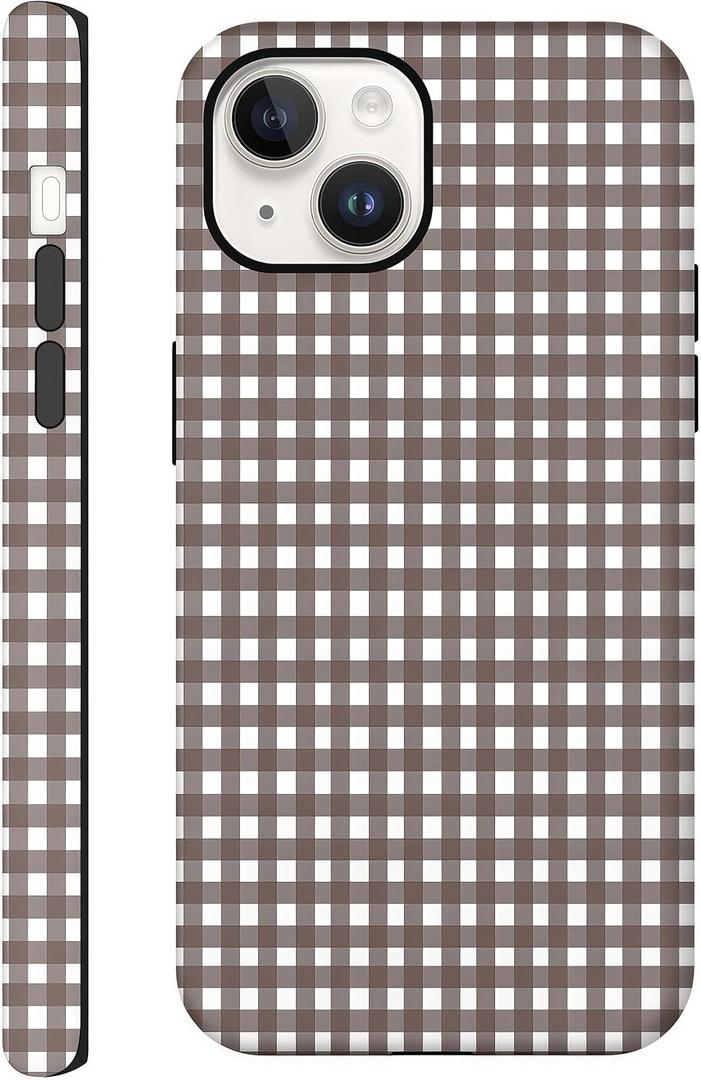 Aesthetic Cases for iPhone 13, Glossy Hybrid 2-Layer Hard Cover, Protective Scratch Resistant Shell, Brown Gingham