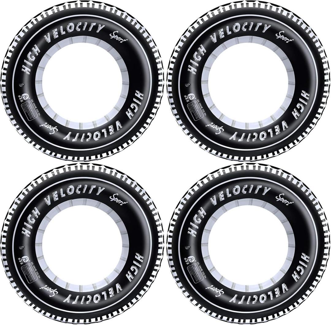 Inflatable Tire Tubes Pool Floats for Adults Kids Tire Swimming Rings River Raft Truck Race Car Themed Birthday Party Supplies Decorations 4Pack