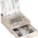 Jewelry Box with Mirror, Flip-Linked Jewelry Display Storage Box, 2 Tier Jewelry Organizer with Velvet Lining for Earring Necklace Bracelet, Ideal Gift for Girls, Wife, Daughter