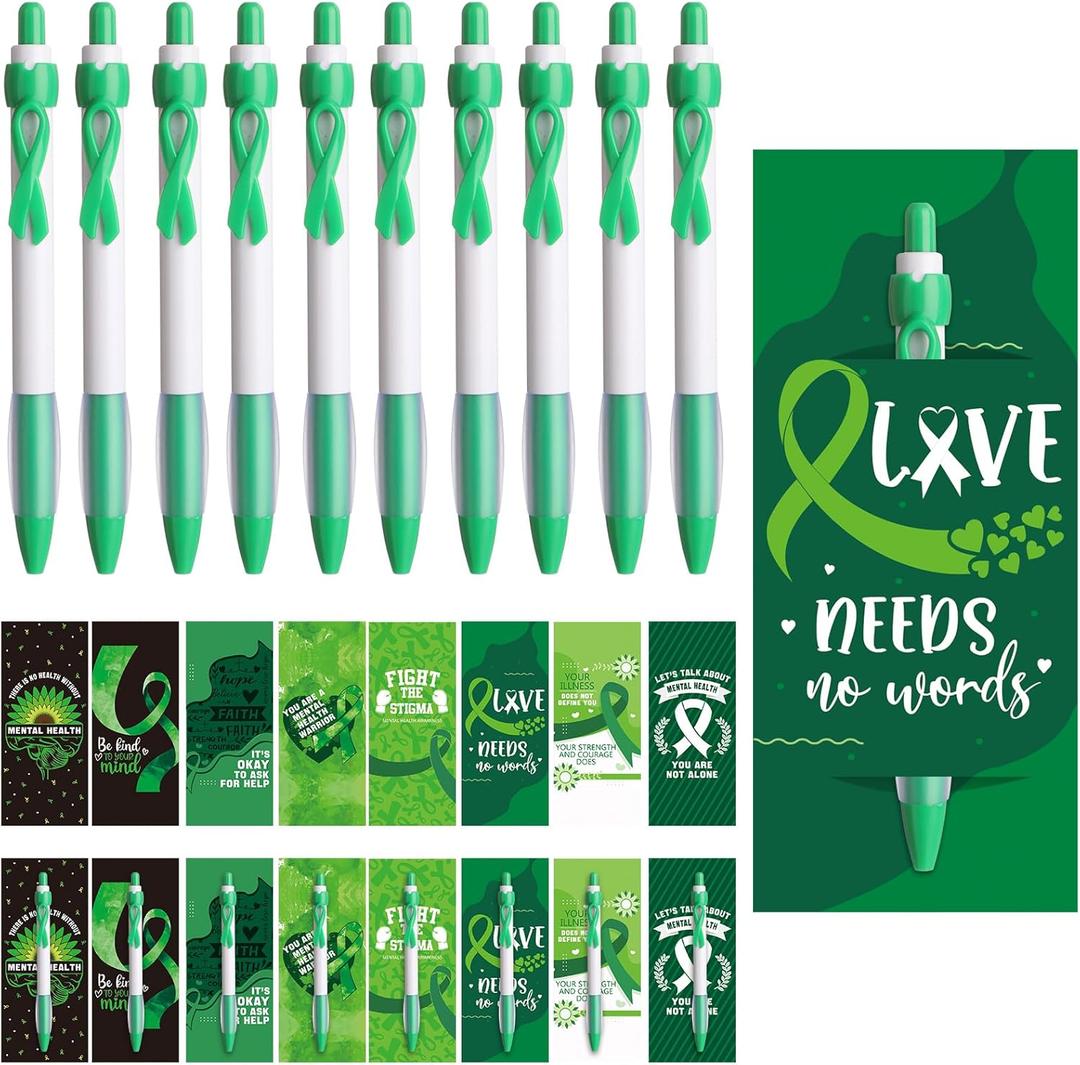 Sayglossy 24 sets Mental Health Awareness Pens Bulk Motivational Retractable Green Ribbon Ballpoint Pen Black Ink with Motivational Cards Bookmarks for Office Charity Favors Items Supplies Accessories
