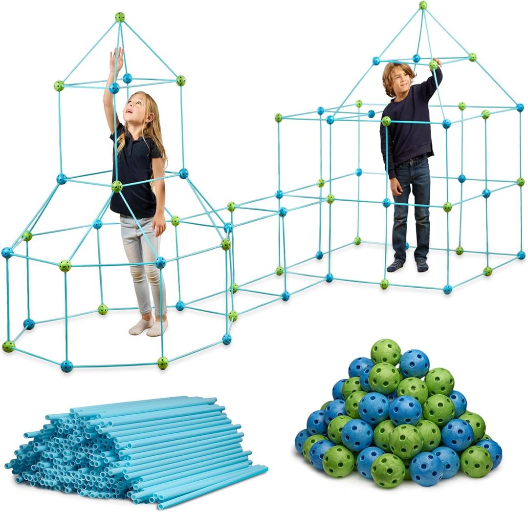 132 Piece Fort Building Kit - Indoor Play Engineering Set with Connecting Sticks & Balls - Creative STEM Building Toys for Kids Play Spaces, Tents & Hideouts (Blue)