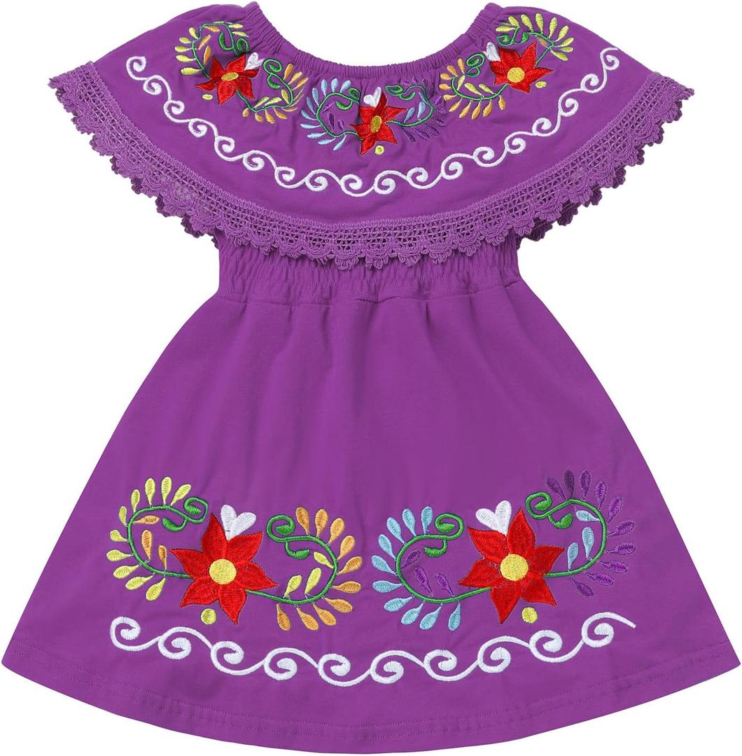 Kids Toddler Girls Traditional Mexican Off-Shoulder Floral Embroidered Drape Dress (2-3T, Purple)
