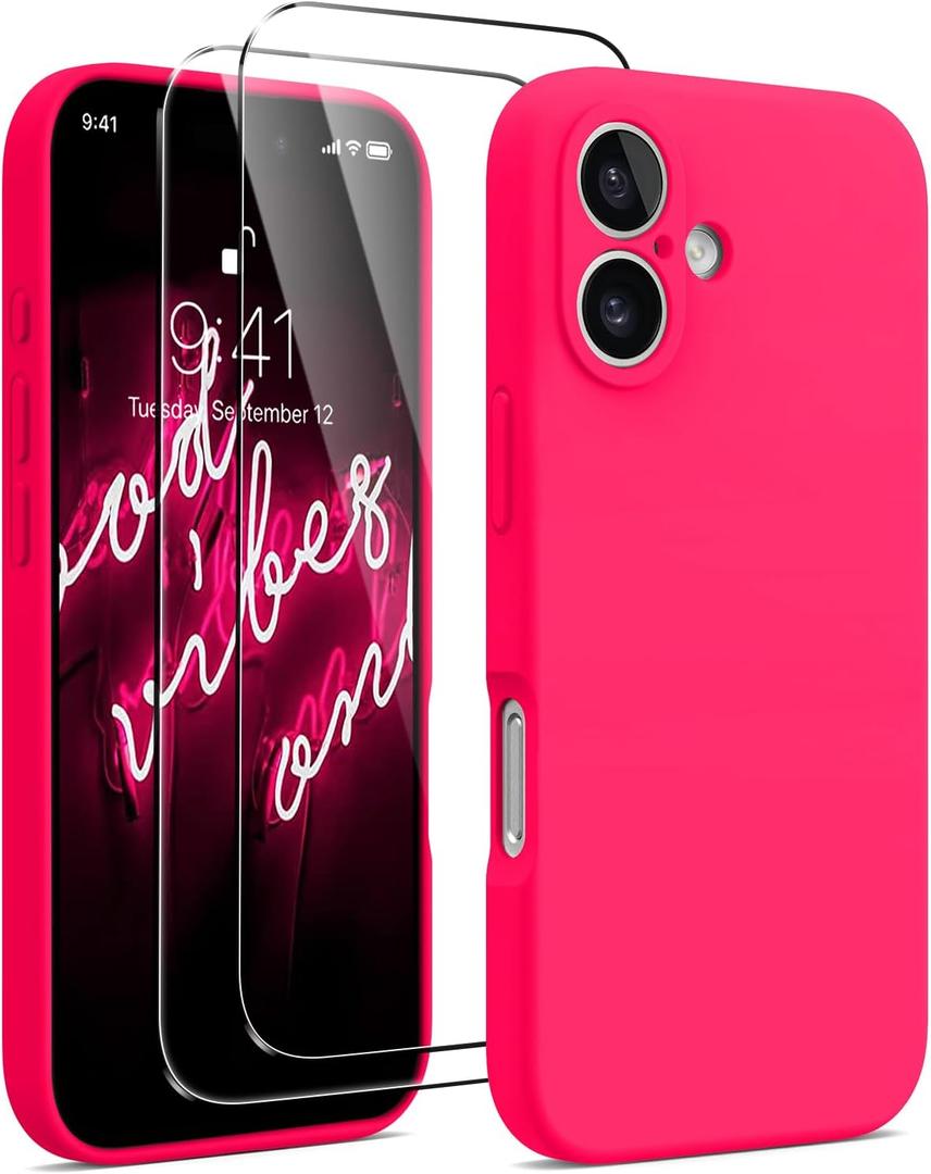 AOTESIER Magnetic for iPhone 16 Case, [Compatible with MagSafe][Camera Protection], Food Grade Silicone Phone Case with [2 Screen Protectors], Anti-Scratch Protective Lining, 6.1inch, Hot Pink