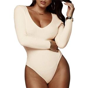 GEMBERA Women's Deep V Neck Long Sleeve Bodysuit Ribbed Knit Bodycon Basic Bodysuit Tops (X-Large, Cream)