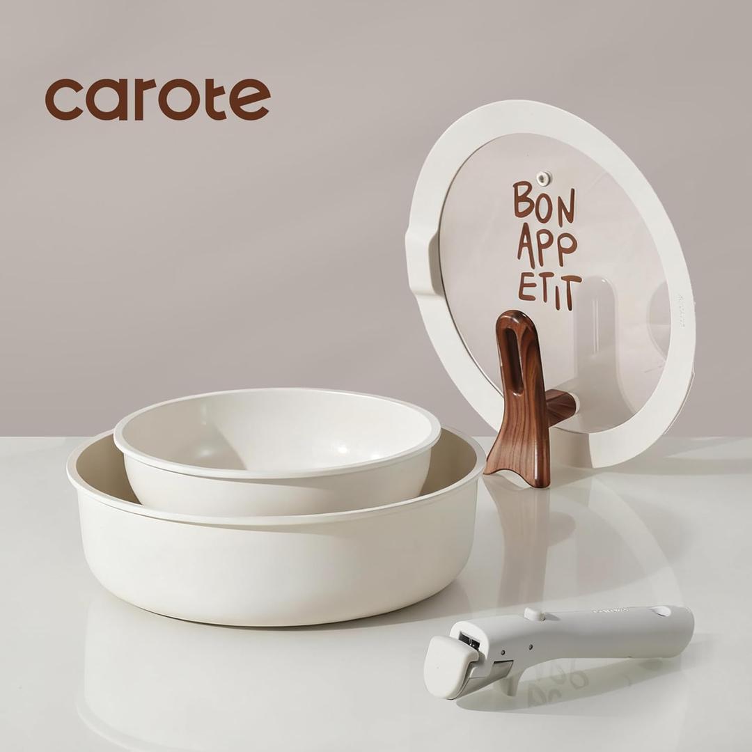 CAROTE Ceramic Pots and Pans Set Non Stick, Nonstick Kitchen Cookware Sets with Lid, Detachable Handle Sauté Pan Set, Non Toxic Frying Pan, Oven Safe, Induction Ready, Cream White