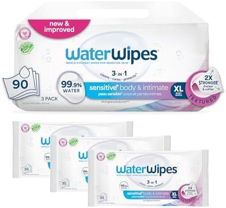 WaterWipes Sensitive+ Body & Intimate Wipes, 3-In-1 Cleans, Cares, Protects, 99.9% Water, Unscented & Hypoallergenic Hygiene Wet Wipes, Adult Care, 90 Wipes (2pack)