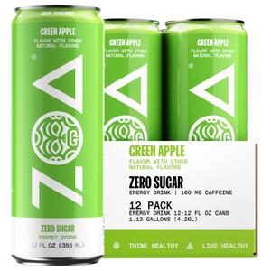 ZOA GREEN APPLE Sugar Free, Low Calorie Energy Drinks | Healthy B & C Vitamins | Electrolytes for Hydration | 160mg Caffeine from Green Tea | 12 Fl Oz Cans (12 Pack) (EXP 03/12/25)