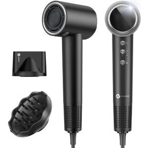 slopehill 110,000 RPM Professional Hair Dryer - 0.8lb Ultra-Lightweight, 2 Billion Ion Technology for 98% Frizz Reduction, AI Smart-Temp Control, Magnetic Attachments for All Hair Types (Dark Black)