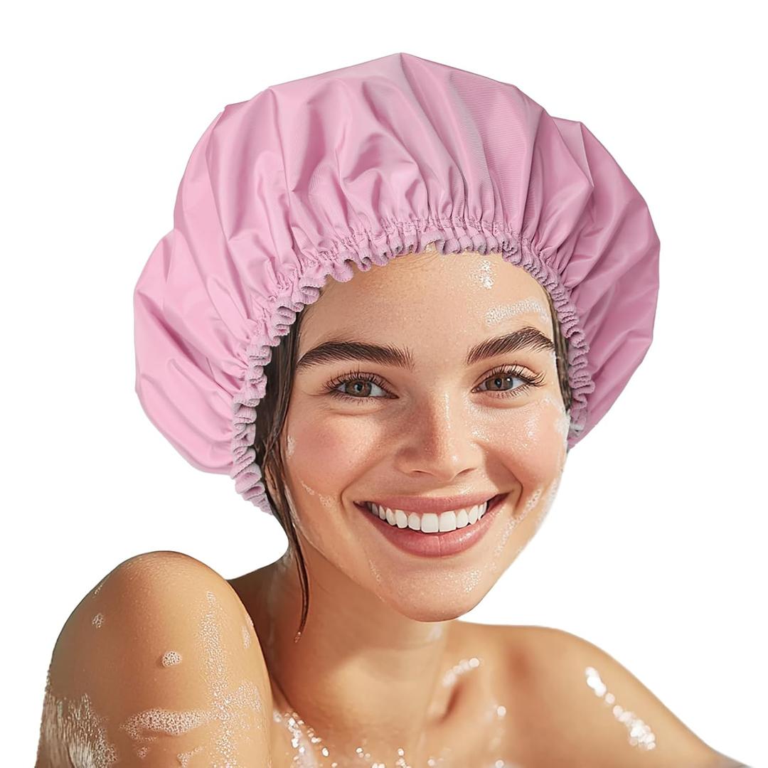 3 x Shower Cap for Women, Double Layer Waterproof Bath Cap, Reusable Hair Protector, Large Waterproof Shower Bonnet Washable Elastic Band Bath Hair Hat for Long Hair, Braids - Purple