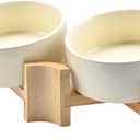 SPUNKYJUNKY 15 Slanted Ceramic Dog and Cat Bowl with Wooden Stand, Tilted Bulldog Food and Water Bowl No Slip Non-Spill for Cats Medium Dogs Big Face Pets 13.5 OZ (1.7 Cups, Beige  2)