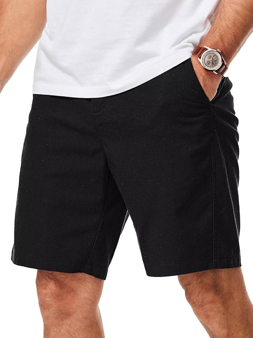 Mens Cotton Linen Shorts Casual Waist Elastic Button Golf Beach Shorts with Pockets (32, Black)